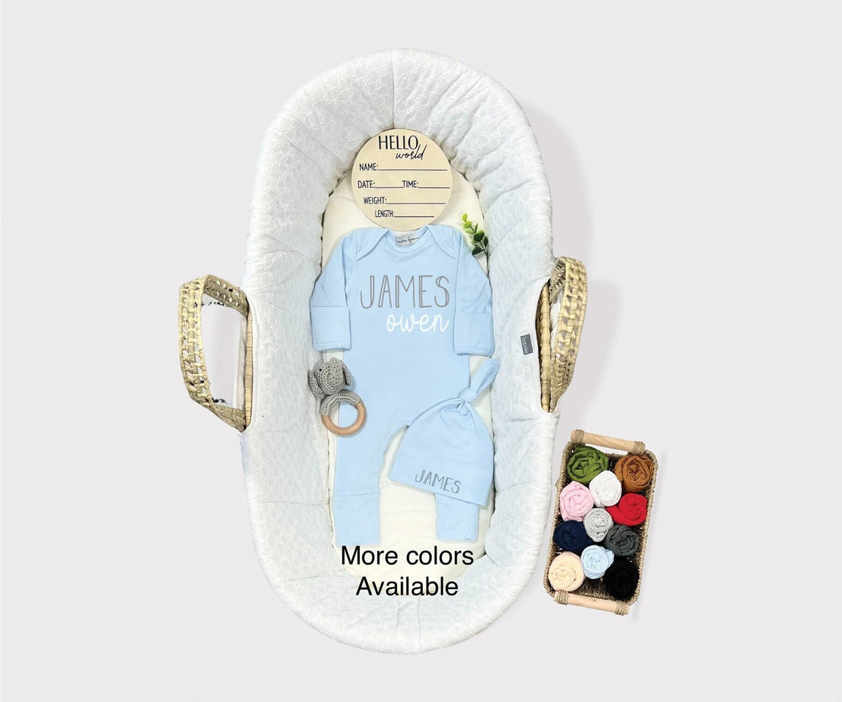 Personalized Baby Boy Coming Home Outfit: Newborn Romper & Hat Set