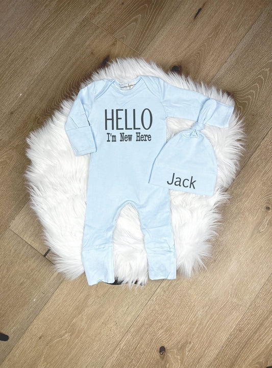 Personalized Newborn Boy Romper Set: Light Blue Coming Home Outfit