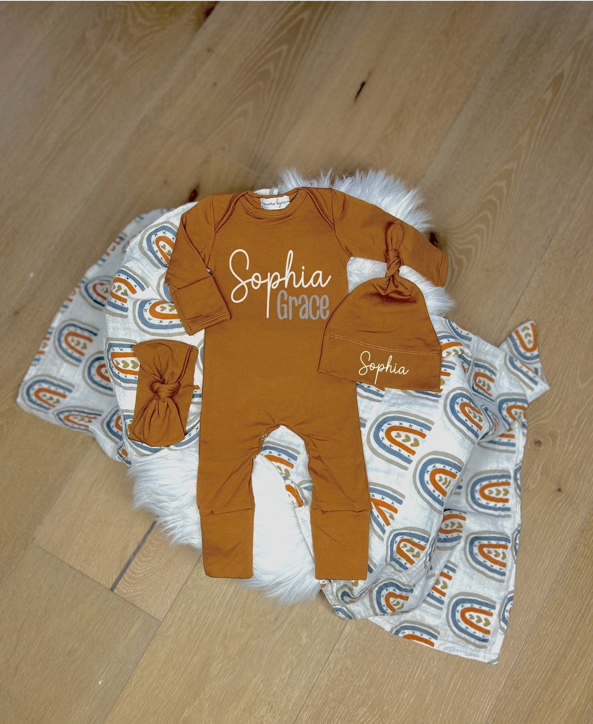 Personalized Baby Girl Coming Home Outfit: Rust Romper, Hat & Blanket