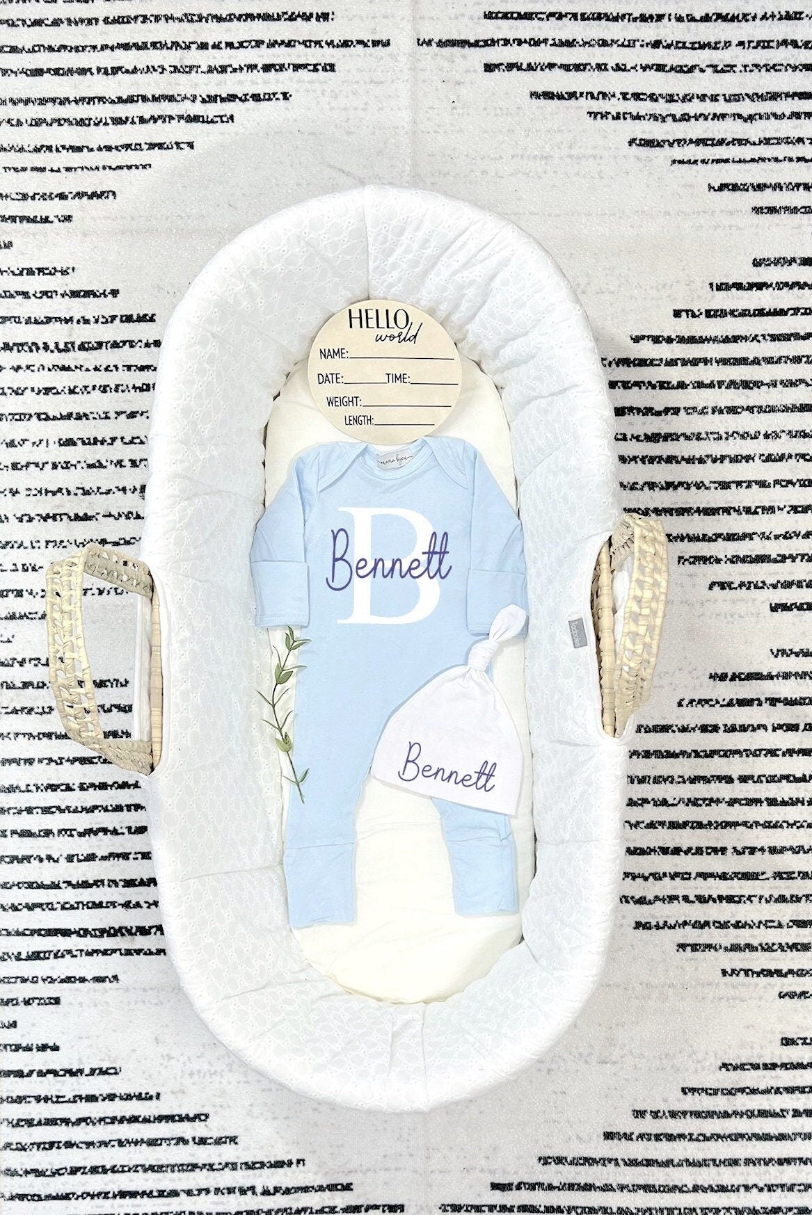Monogram Newborn Boy Coming Home Outfit: Light Blue Romper, Hat & Blanket