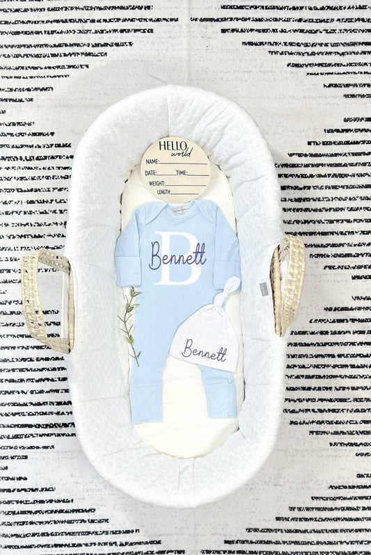 Monogram Newborn Boy Coming Home Outfit: Light Blue Romper, Hat & Blanket