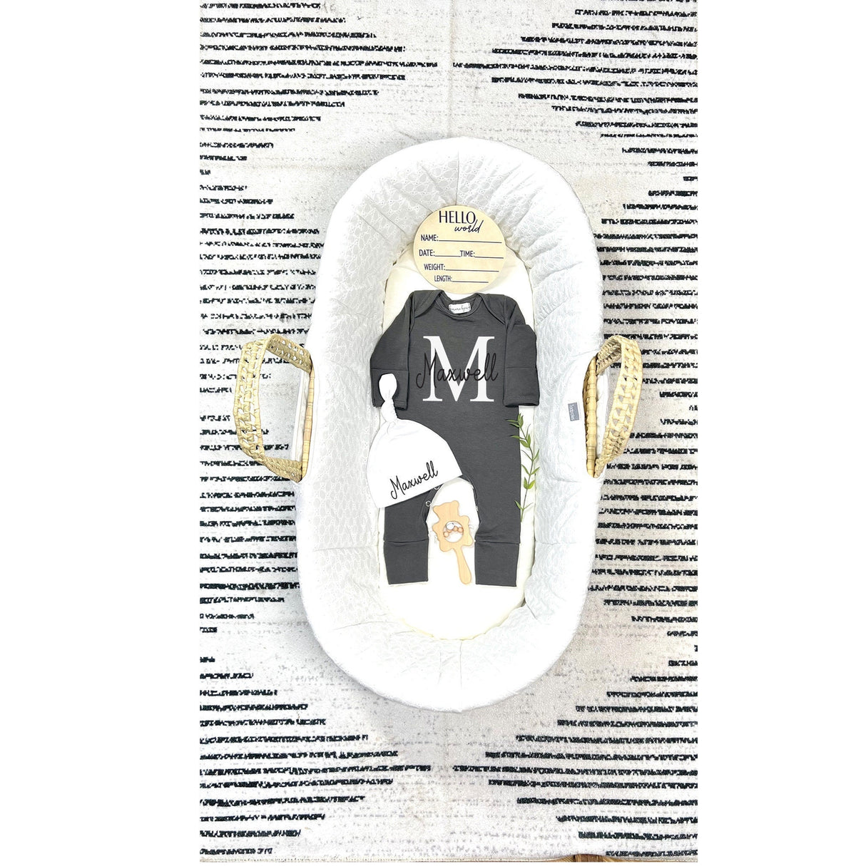 Personalized Newborn Boy Coming Home Outfit: Charcoal Gray Romper, Hat & Blanket