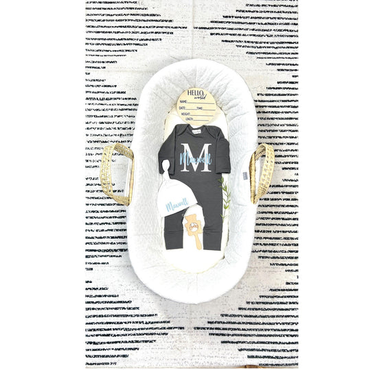 Personalized Newborn Boy Coming Home Outfit: Charcoal Gray Romper, Hat & Blanket