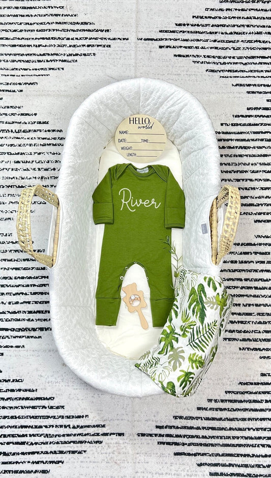 Personalized Olive Baby Romper: Gender Neutral Coming Home Outfit