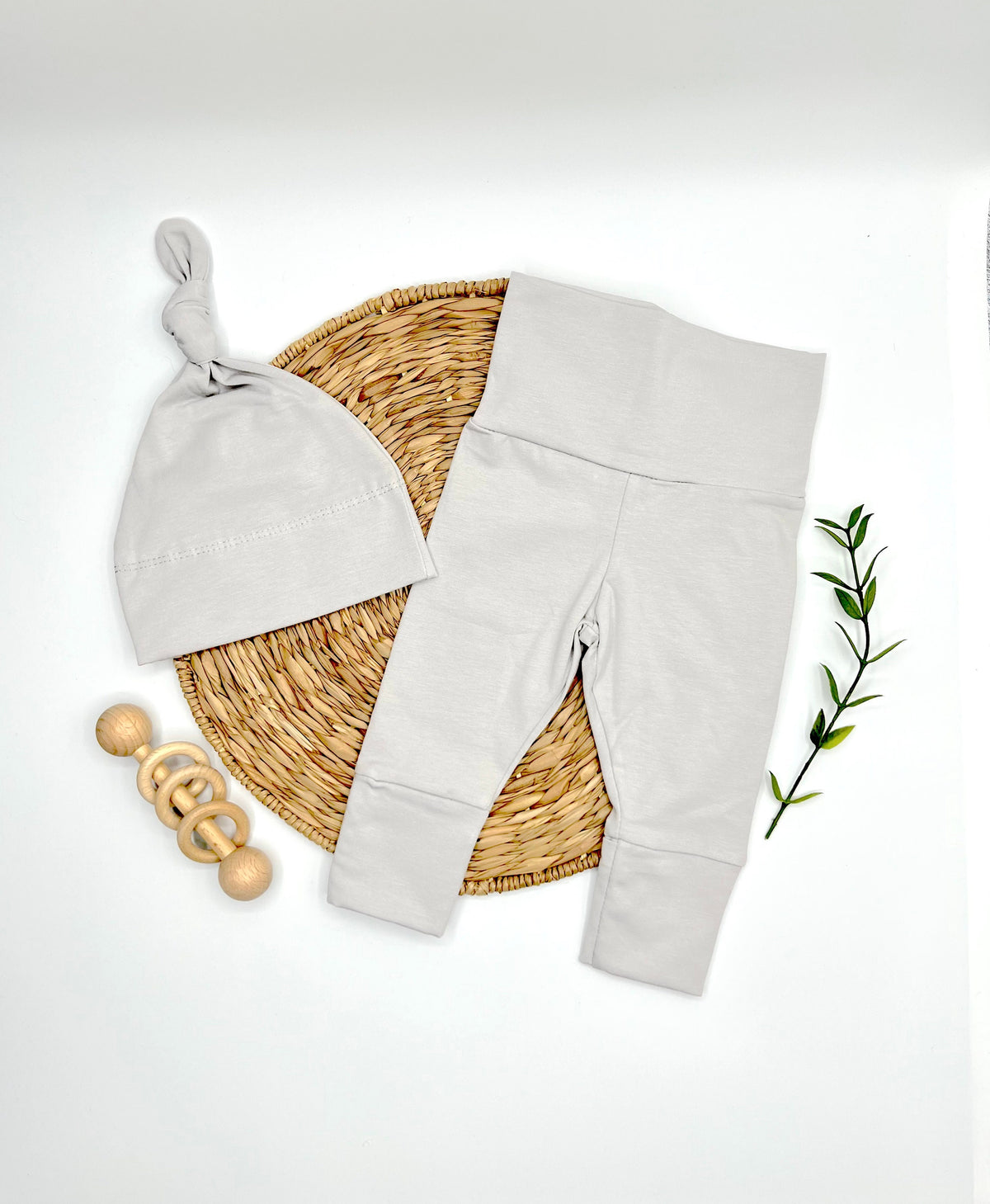 Personalized Newborn Boy Outfit: Gray Footed Pants, Knotted Hat