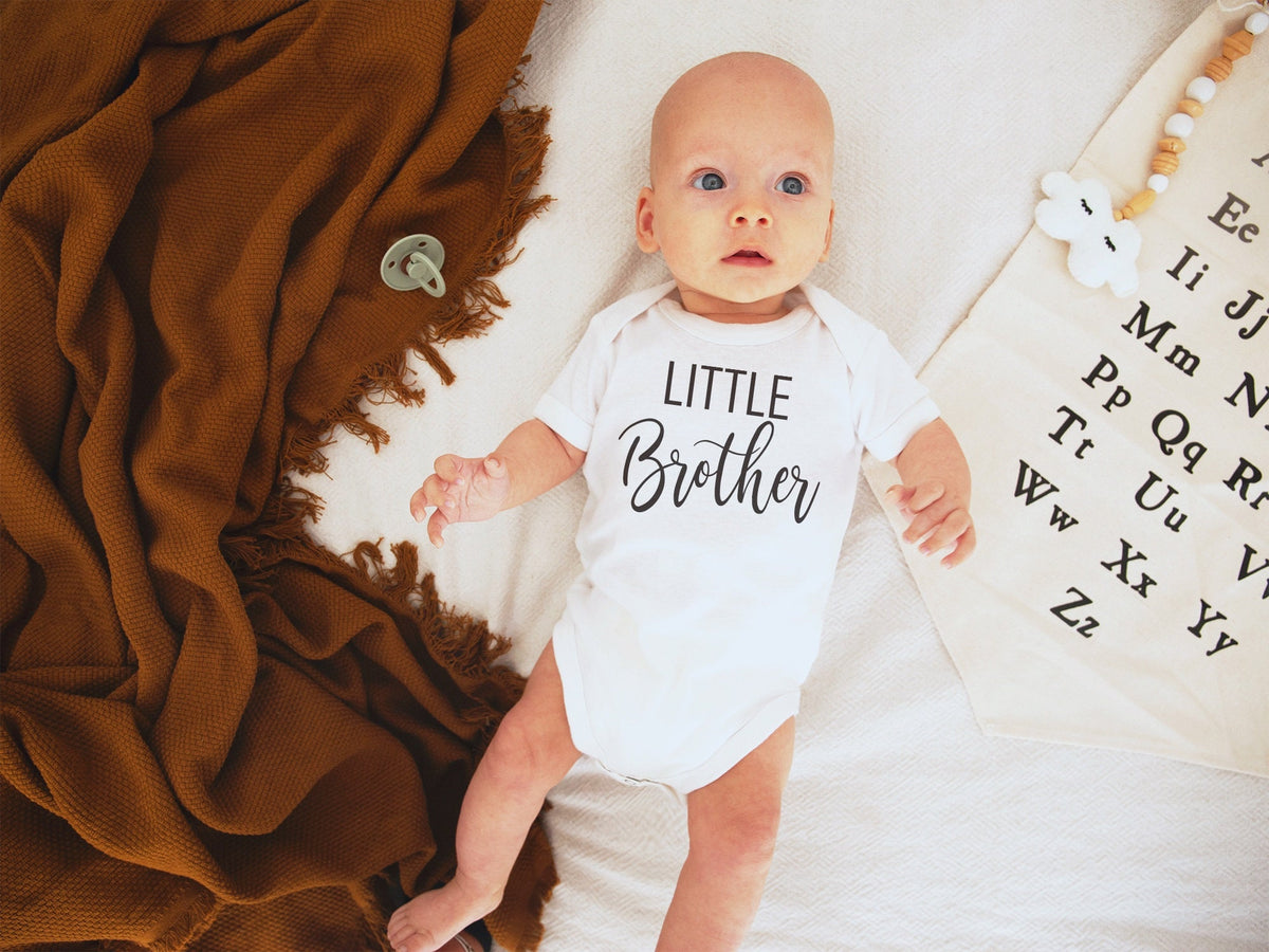 Personalized Newborn Boy Coming Home Outfit: Little Brother Bodysuit, Gray Pants & Hat