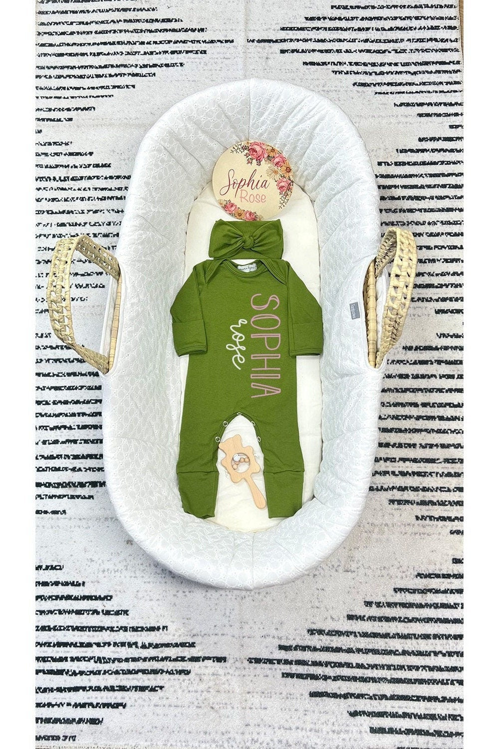 Personalized Newborn Girl Olive Romper Set: Baby Take Home Outfit