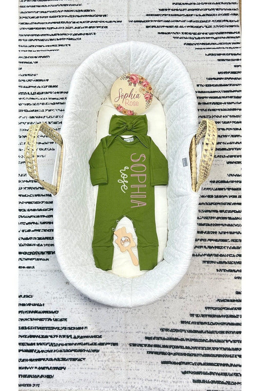 Personalized Newborn Girl Olive Romper Set: Baby Take Home Outfit