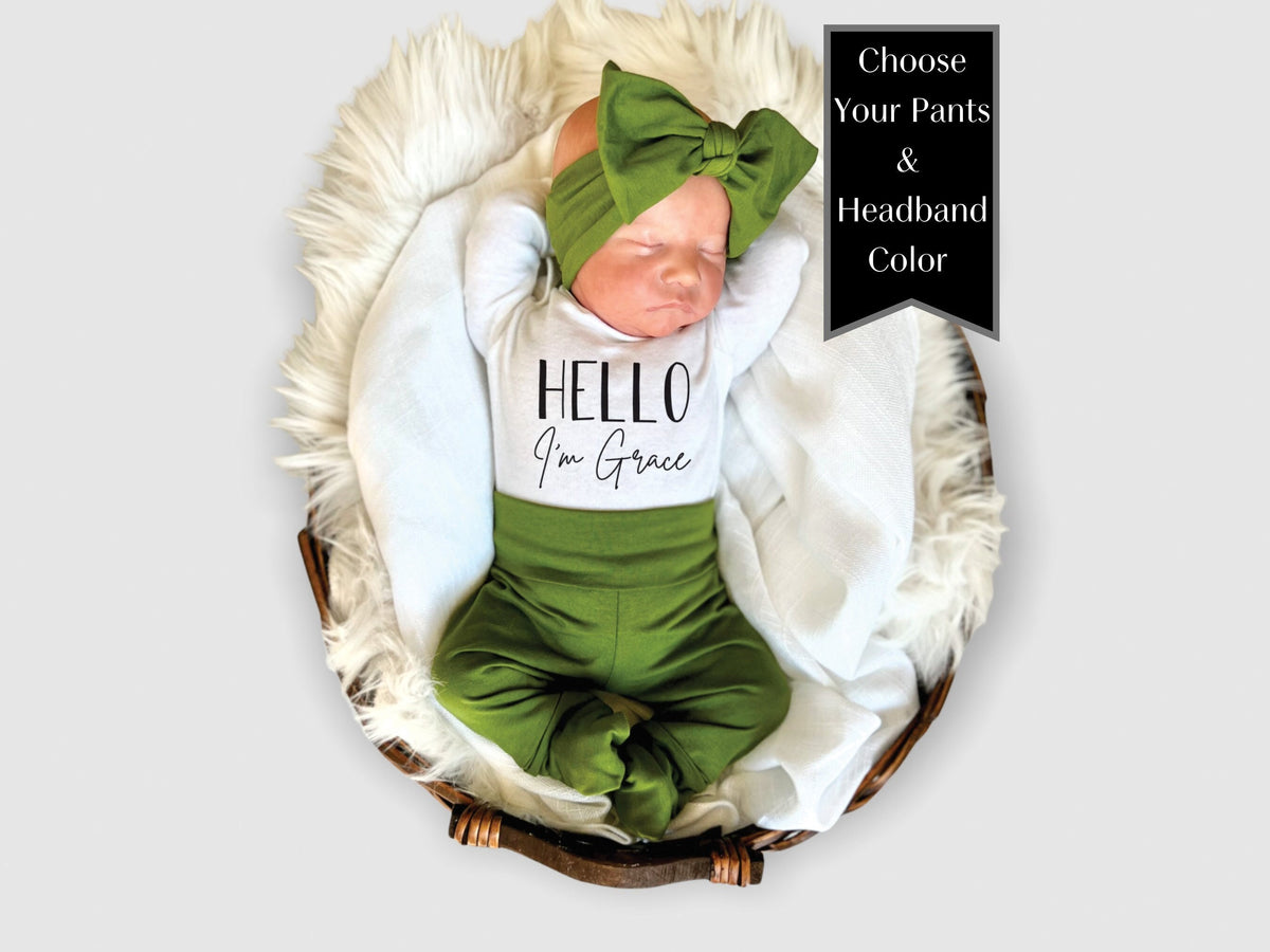Personalized Baby Girl Coming Home Outfit: Hello Bodysuit, Pants & Headband