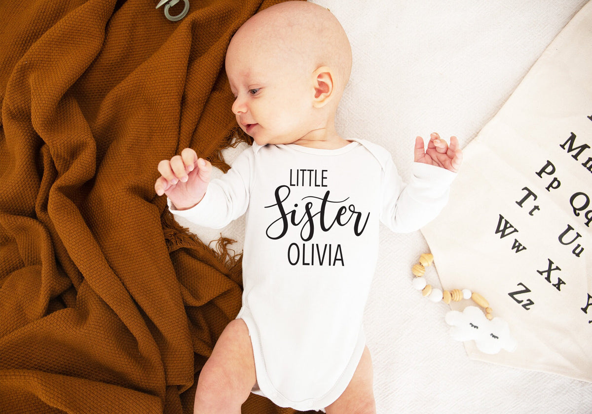 Personalized Newborn Girl Outfit: Little Sister Bodysuit, Pants & Headband