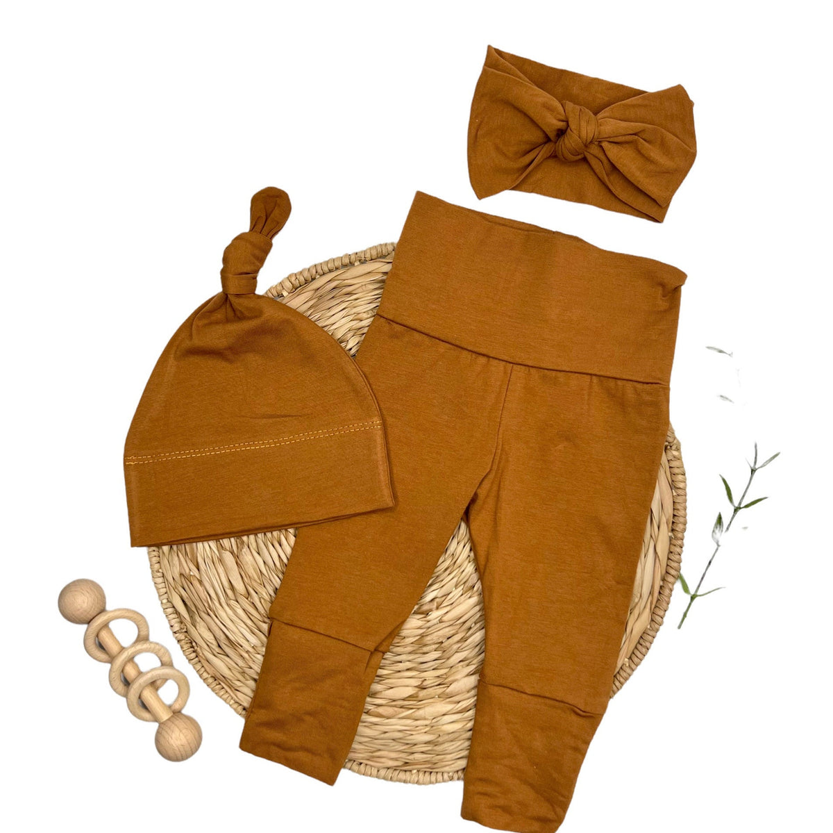 Rust Newborn Outfit: Cotton Baby Pants, Knotted Hat & Headband Set