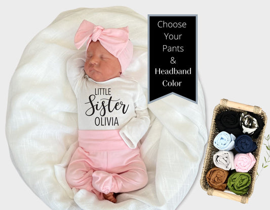 Personalized Newborn Girl Outfit: Little Sister Bodysuit, Pants & Headband