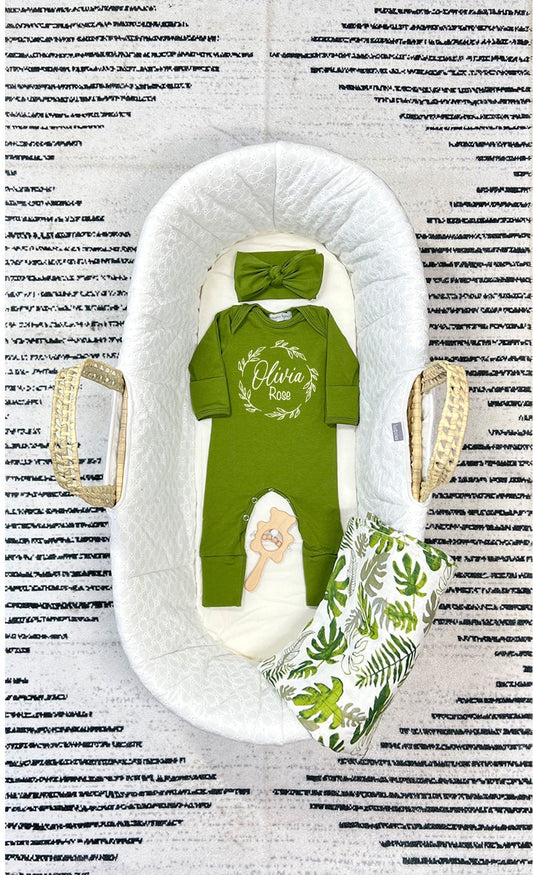 Personalized Newborn Romper: Olive Baby Girl Coming Home Outfit