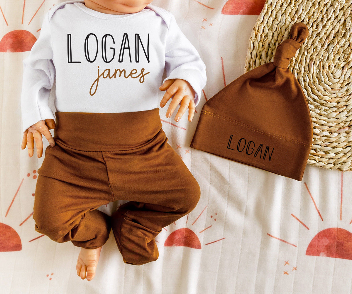 Personalized Newborn Boy Outfit: Rust Pants, Knotted Hat & Bodysuit