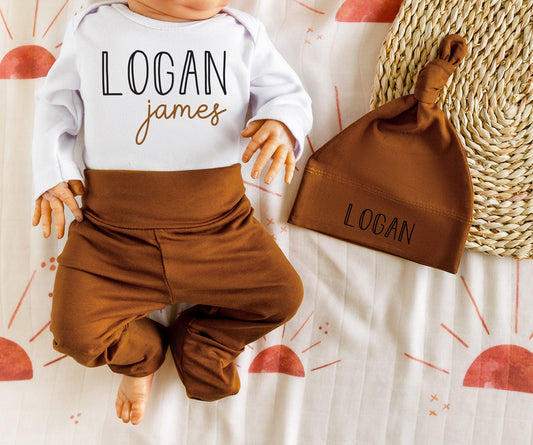 Personalized Newborn Boy Outfit: Rust Pants, Knotted Hat & Bodysuit