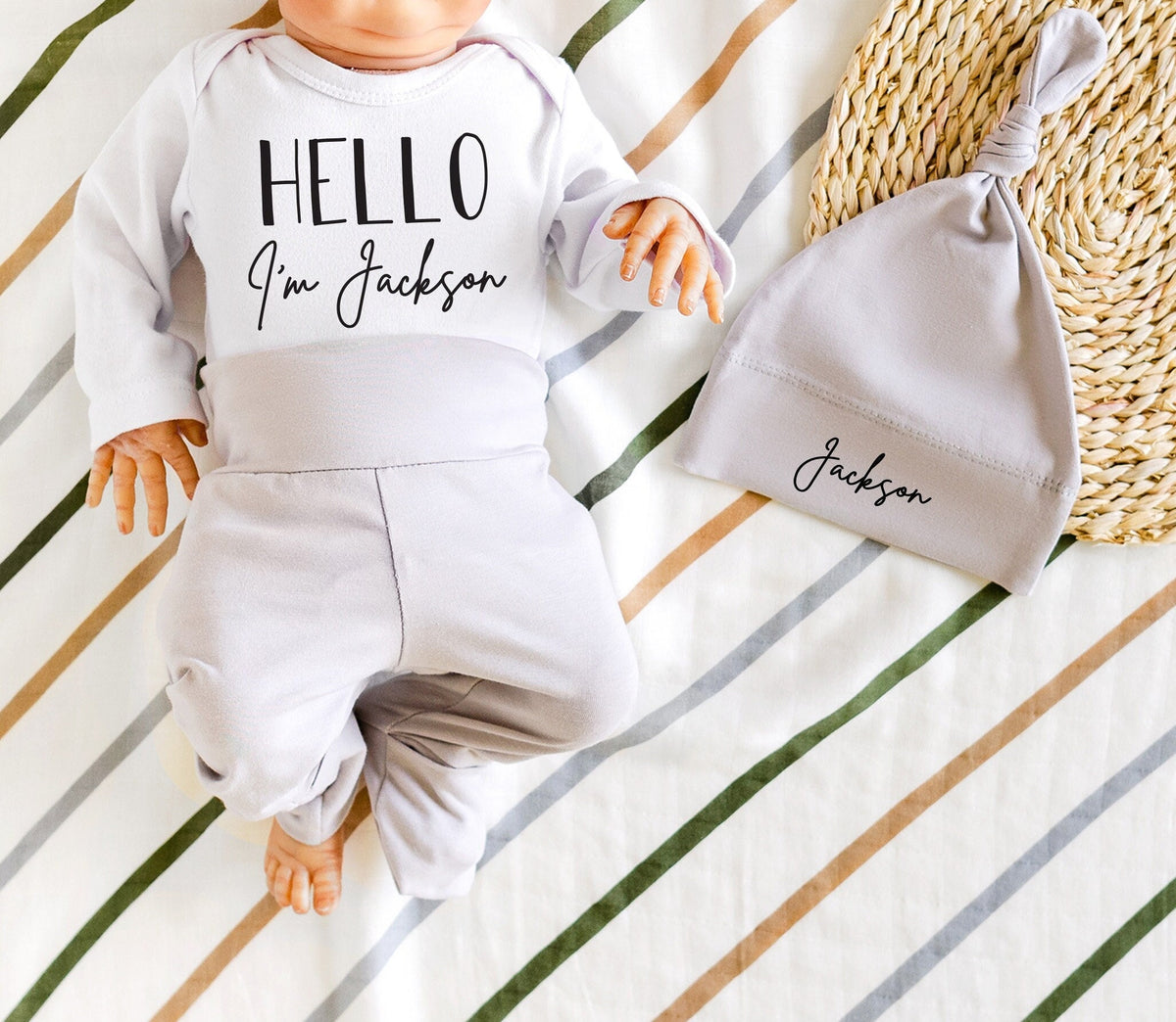 Personalized Newborn Boy Coming Home Outfit: Cotton Pants, Hat & Bodysuit
