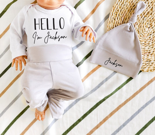 Personalized Newborn Boy Coming Home Outfit: Cotton Pants, Hat & Bodysuit