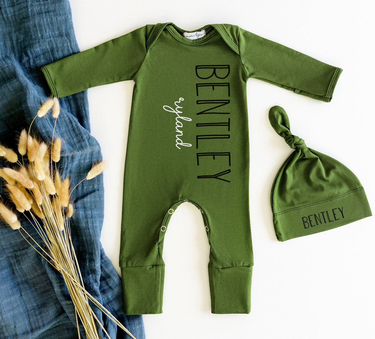 Personalized Olive Green Newborn Romper: Cotton Baby Outfit & Hat