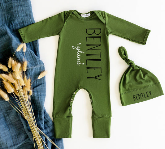 Personalized Olive Green Newborn Romper: Cotton Baby Outfit & Hat