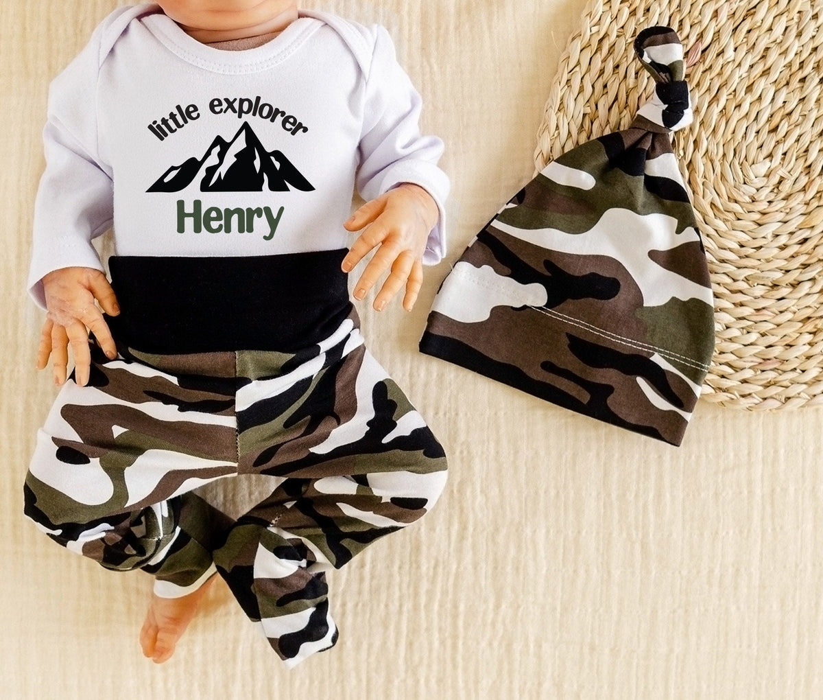 Camouflage Newborn Outfit: Little Explorer Bodysuit, Hat & Pants