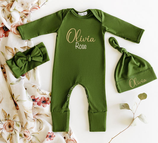 Personalized Olive Baby Romper Set: Newborn Girl Outfit, Hat & Headband