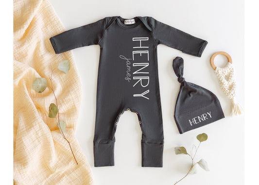 Personalized Newborn Boy Coming Home Outfit: Gray Romper & Hat Set