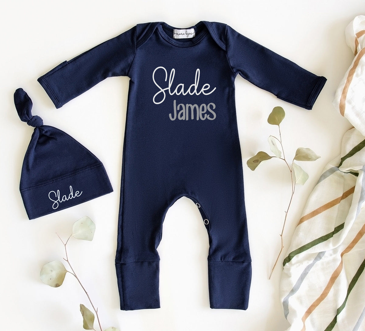 Personalized Newborn Boy Outfit: Navy Romper & Hat Set