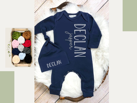 Newborn Coming Home Outfit Personalized, Baby Take Home Outfit Twins, Baby Romper Fold Over Mitts & Feet, Baby Shower Gift Boy, Mama Bijou