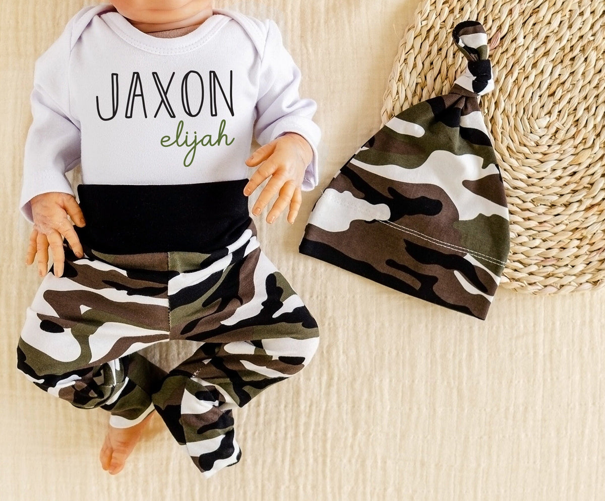 Personalized Camouflage Newborn Outfit: Baby Boy Coming Home Set