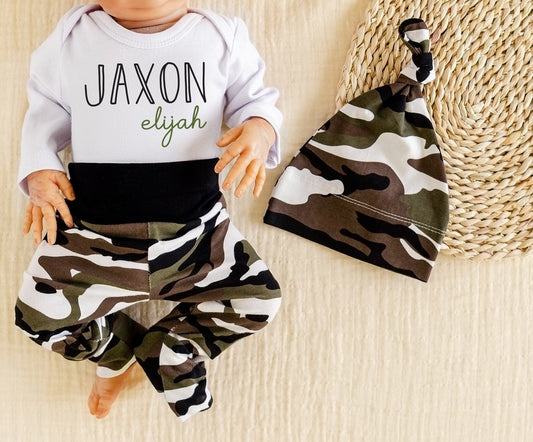 Personalized Camouflage Newborn Outfit: Baby Boy Coming Home Set