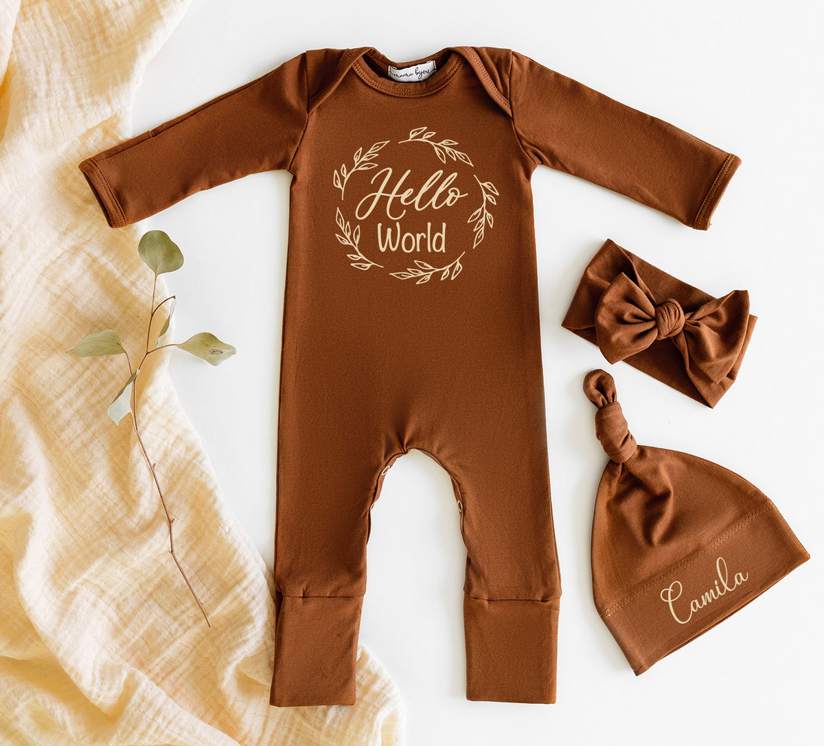 Boho Baby Girl Coming Home Outfit: Hello World Romper, Personalized Hat & Headband