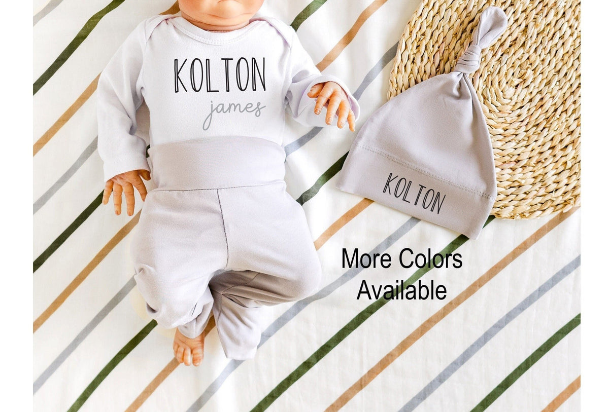 Personalized Newborn Boy Coming Home Outfit: Cotton Pants & Knotted Hat Set