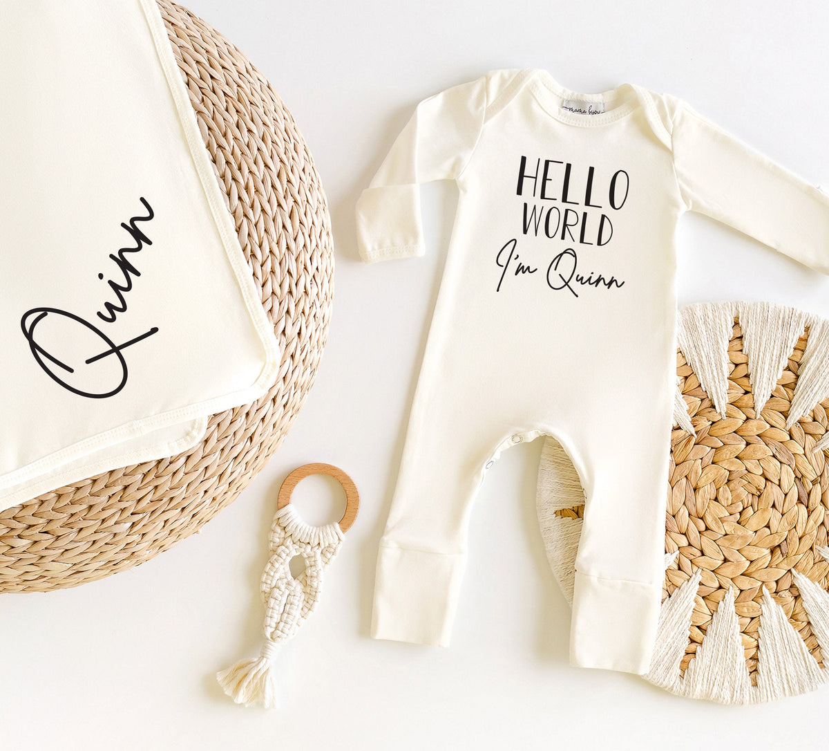 Personalized Newborn Romper: Cream Cotton Baby Coming Home Outfit