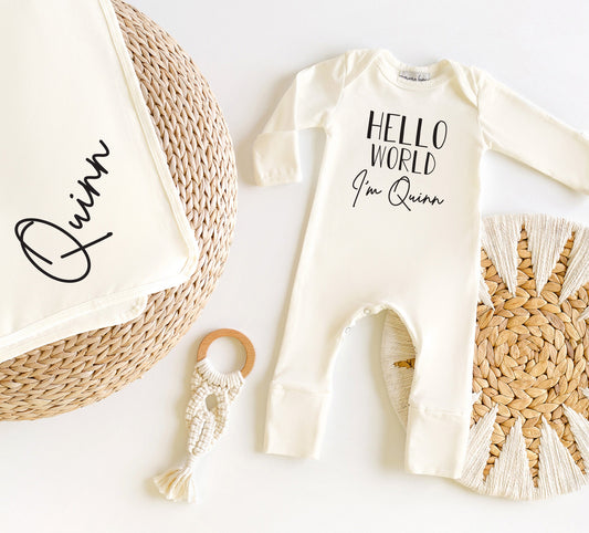 Personalized Newborn Romper: Cream Cotton Baby Coming Home Outfit