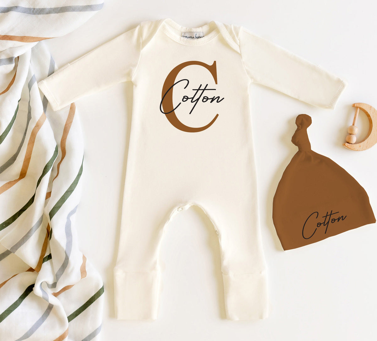 Personalized Newborn Boy Romper & Hat Set: Rust Initial, Cream Cotton