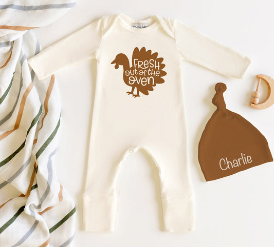 Thanksgiving Newborn Outfit: Cream Romper, Rust Hat, Personalized Blanket