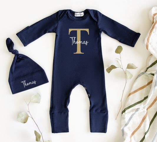 Personalized Newborn Boy Romper Set: Navy Cotton Coming Home Outfit