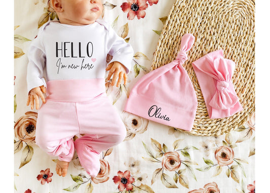 Newborn Girl Coming Home Outfit: "Hello I'm New Here" Pants Set