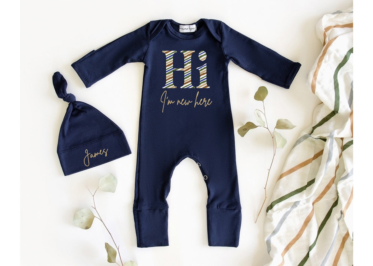 Personalized Newborn Boy Coming Home Outfit: Navy Romper & Hat Set