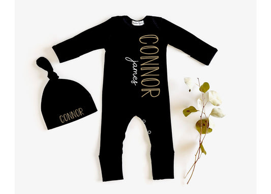 Personalized Newborn Boy Romper Outfit: Black Cotton Coming Home Outfit