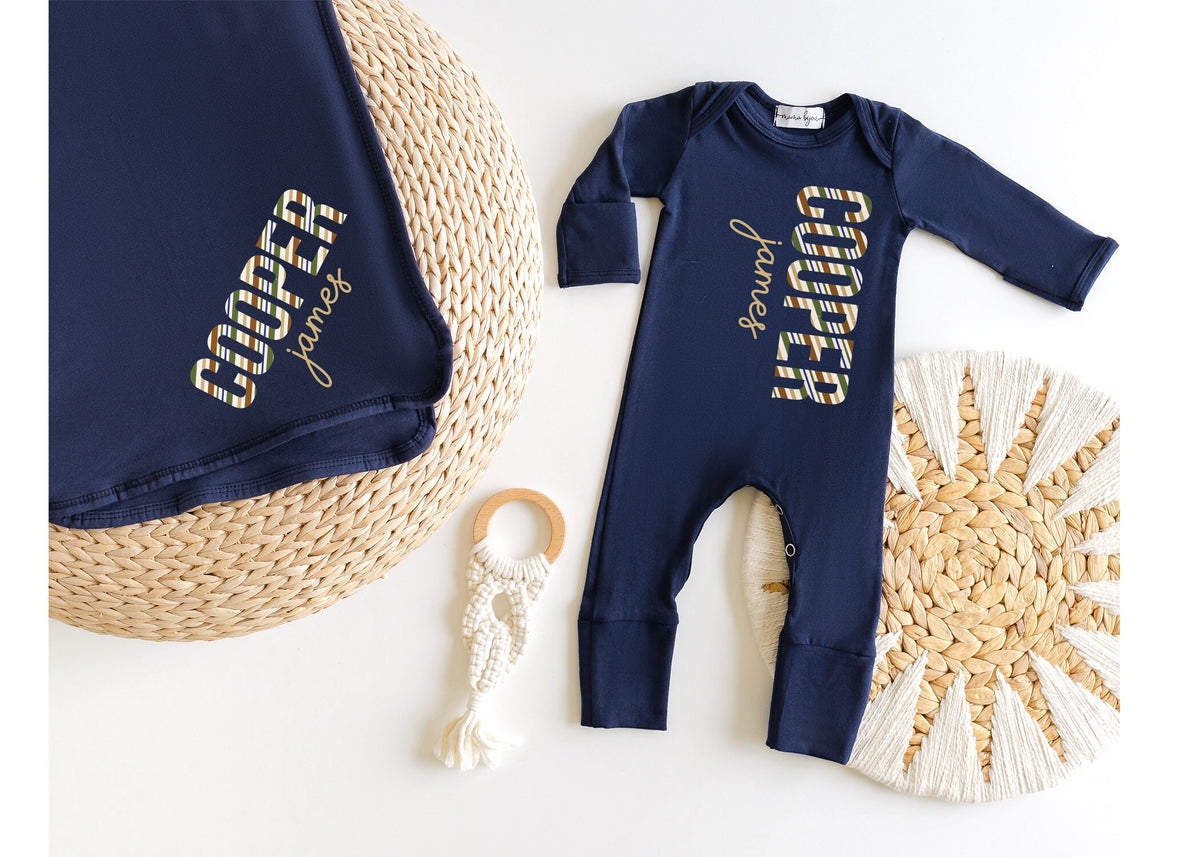 Personalized Newborn Boy Romper Outfit: Navy Cotton Take Home Set