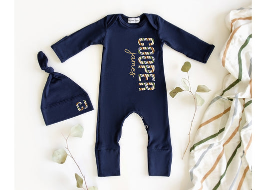 Personalized Newborn Boy Romper Outfit: Navy Cotton Take Home Set