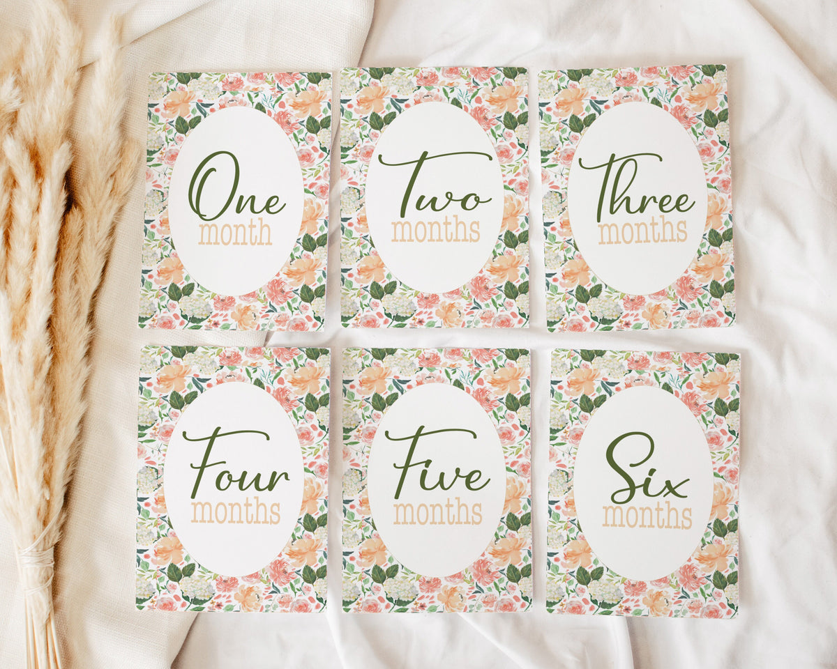 Peach Floral Baby Milestone Cards: Newborn Photo Props, 13 Card Set