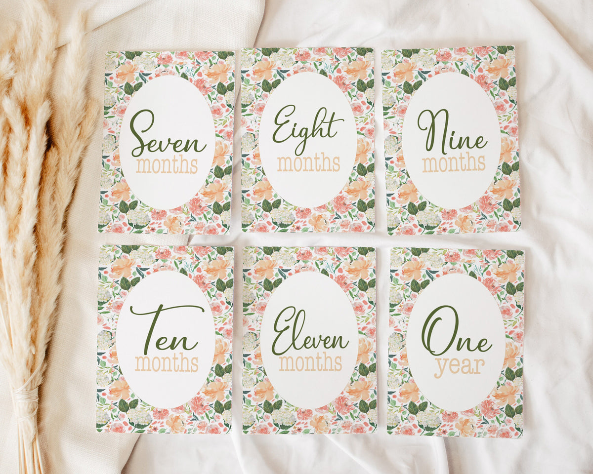 Peach Floral Baby Milestone Cards: Newborn Photo Props, 13 Card Set