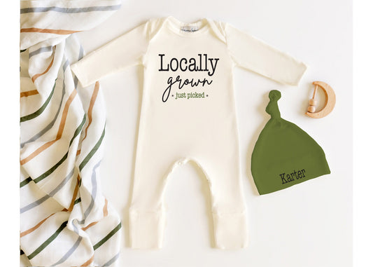 Newborn Boy Coming Home Outfit: Olive Hat, Cream Cotton Romper