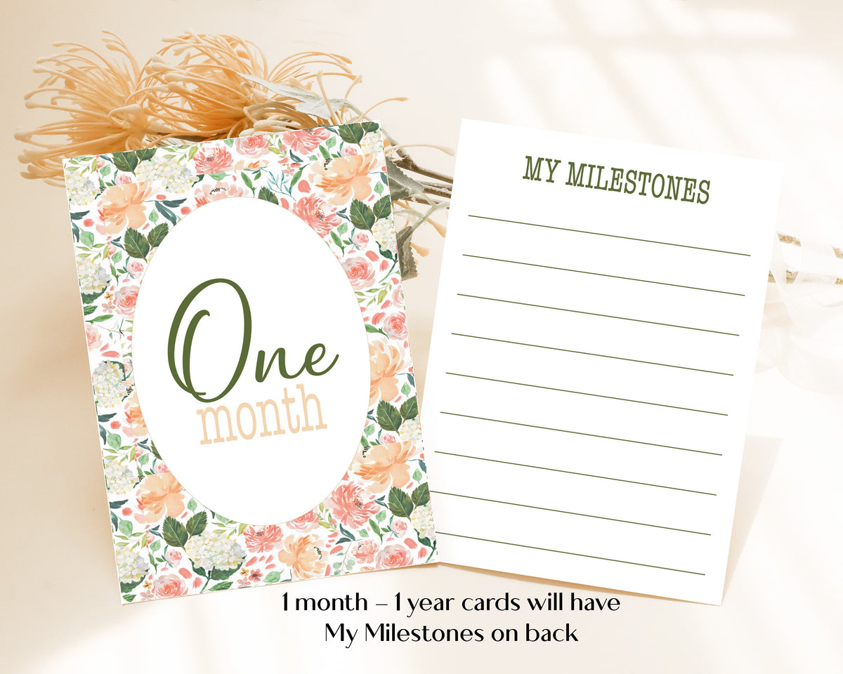 Peach Floral Baby Milestone Cards: Newborn Photo Props, 13 Card Set