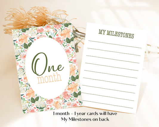 Peach Floral Baby Milestone Cards: Newborn Photo Props, 13 Card Set