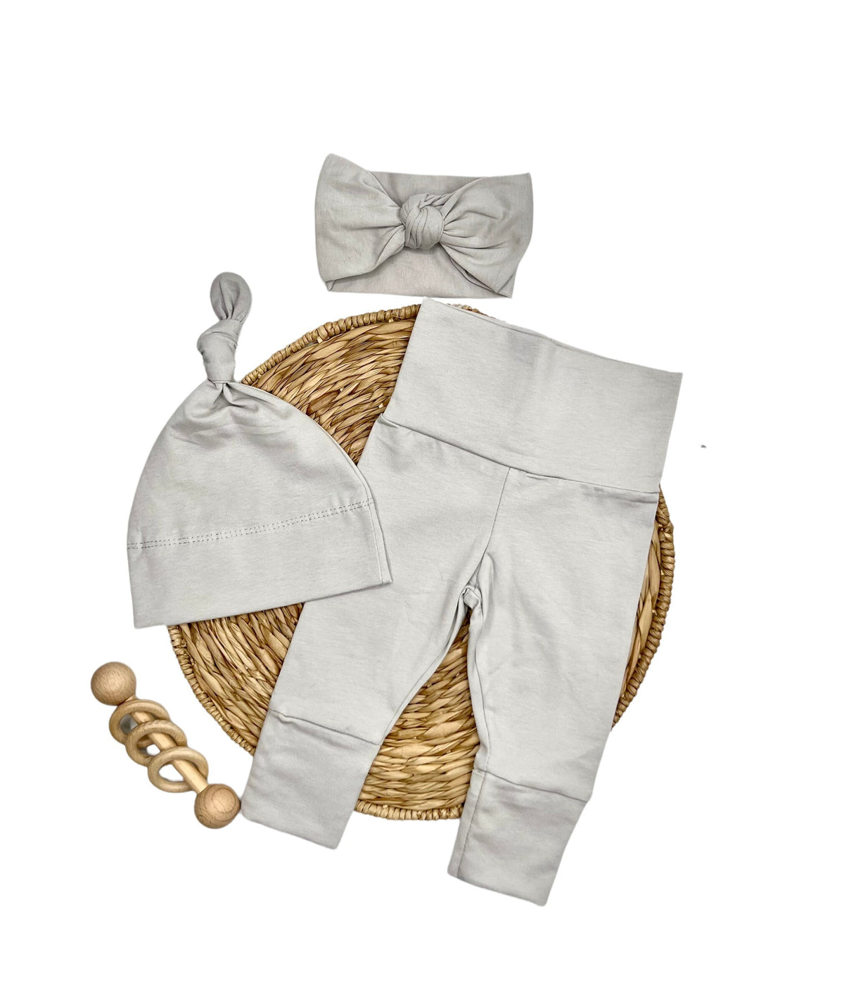Neutral Baby Clothes Set: Cotton Footie Pants, Knotted Hat & Headband