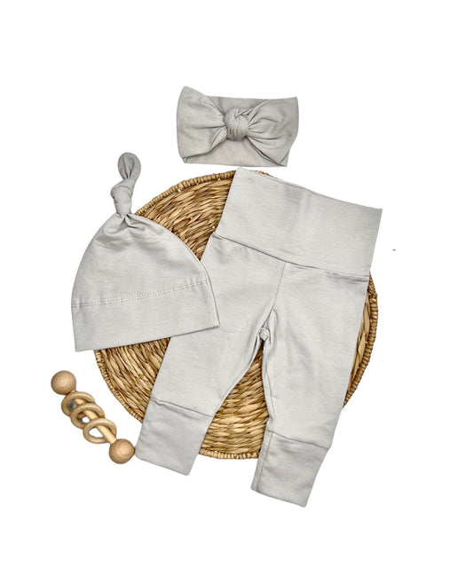 Neutral Baby Clothes Set: Cotton Footie Pants, Knotted Hat & Headband