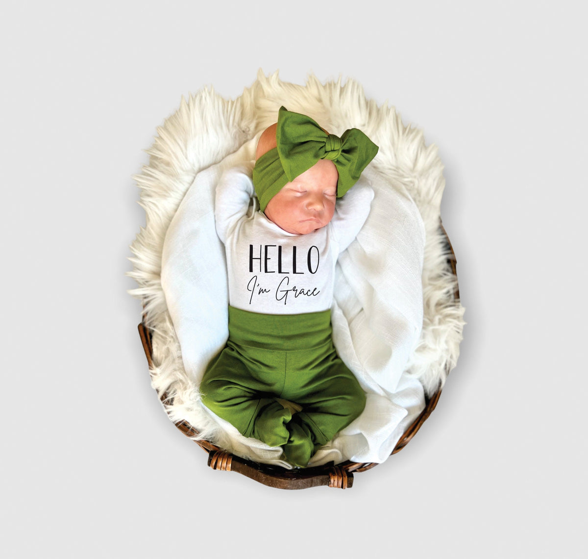 Olive Green Baby Outfit: Cotton Pants, Knotted Hat & Headband